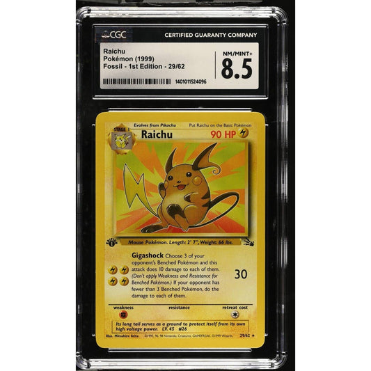 CGC 8.5 MINT+ Raichu 1st Edition 29/64 Pokémon Fossil Non Holo (PSA/BGS)