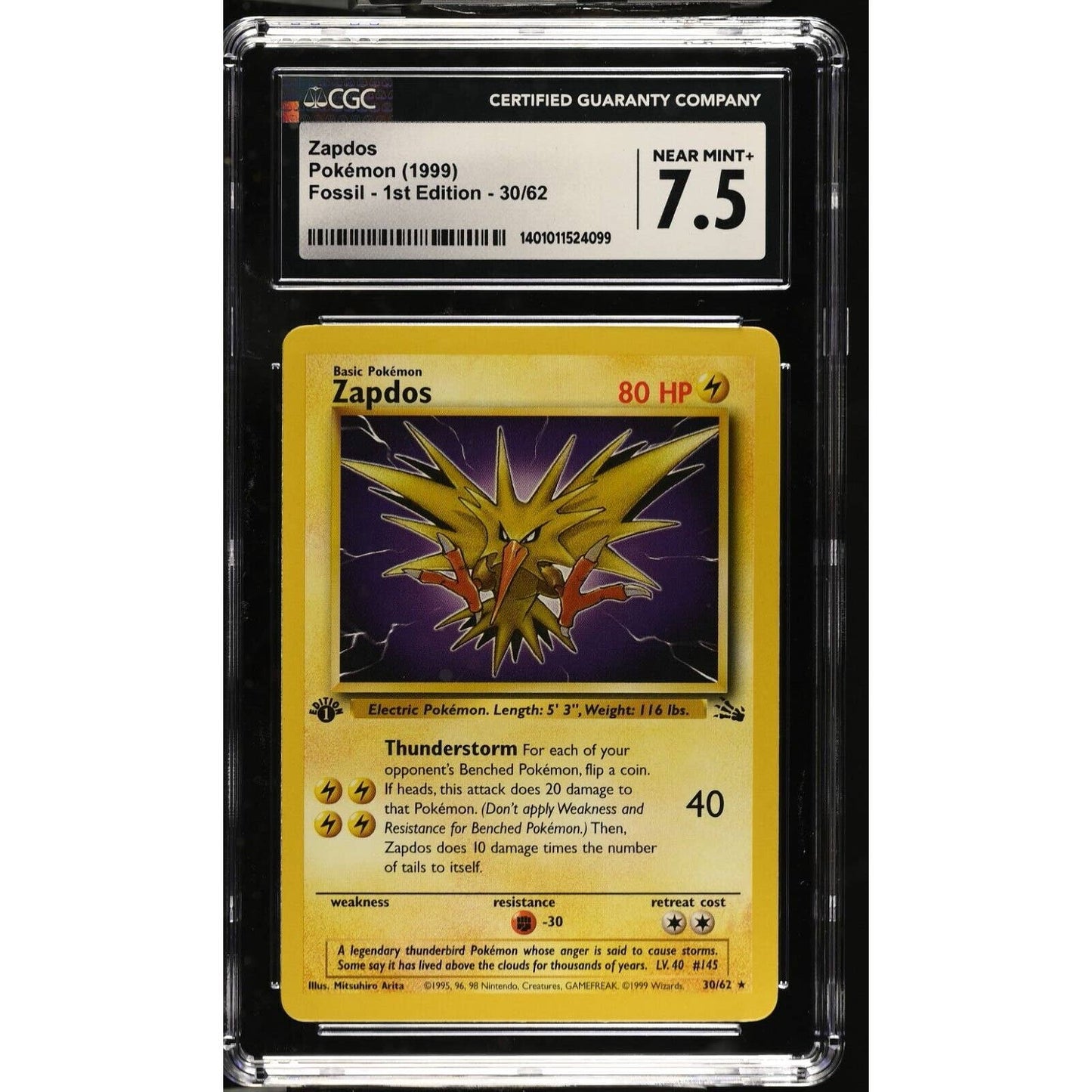 CGC 7.5 NEAR MINT+ Zapdos 1st Edition 29/64 Pokémon Fossil Non Holo (PSA/BGS)