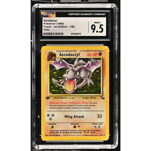 CGC 9.5 MINT+ Aerodactyl 1st Edition 1/62 Pokémon Fossil Holo (PSA/BGS) Pop 3