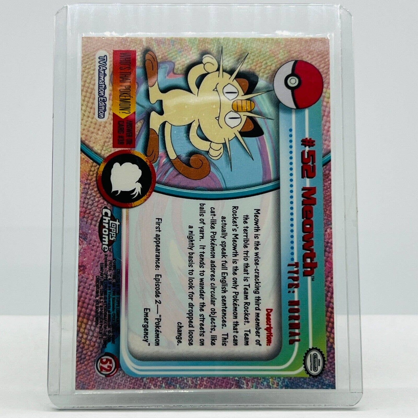 Pokémon Meowth #52 Pokemon 2000 Topps TV Animation Chrome Series 1 Holo Foil